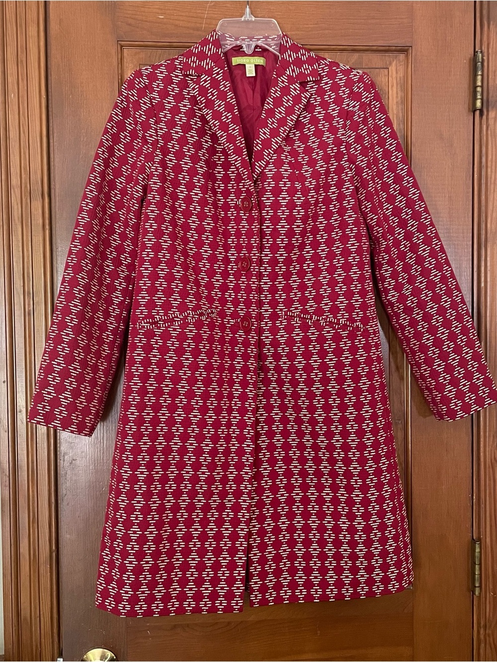 Sigrid Olsen Women’s Red Lined Jacket, Cream Dash Pattern, Buttons/Pockets, Sz 2